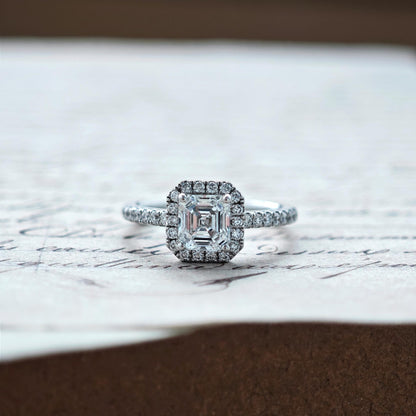 1.0 CT Asscher E/VS1 CVD Diamond Halo & Pave Setting Engagement Ring
