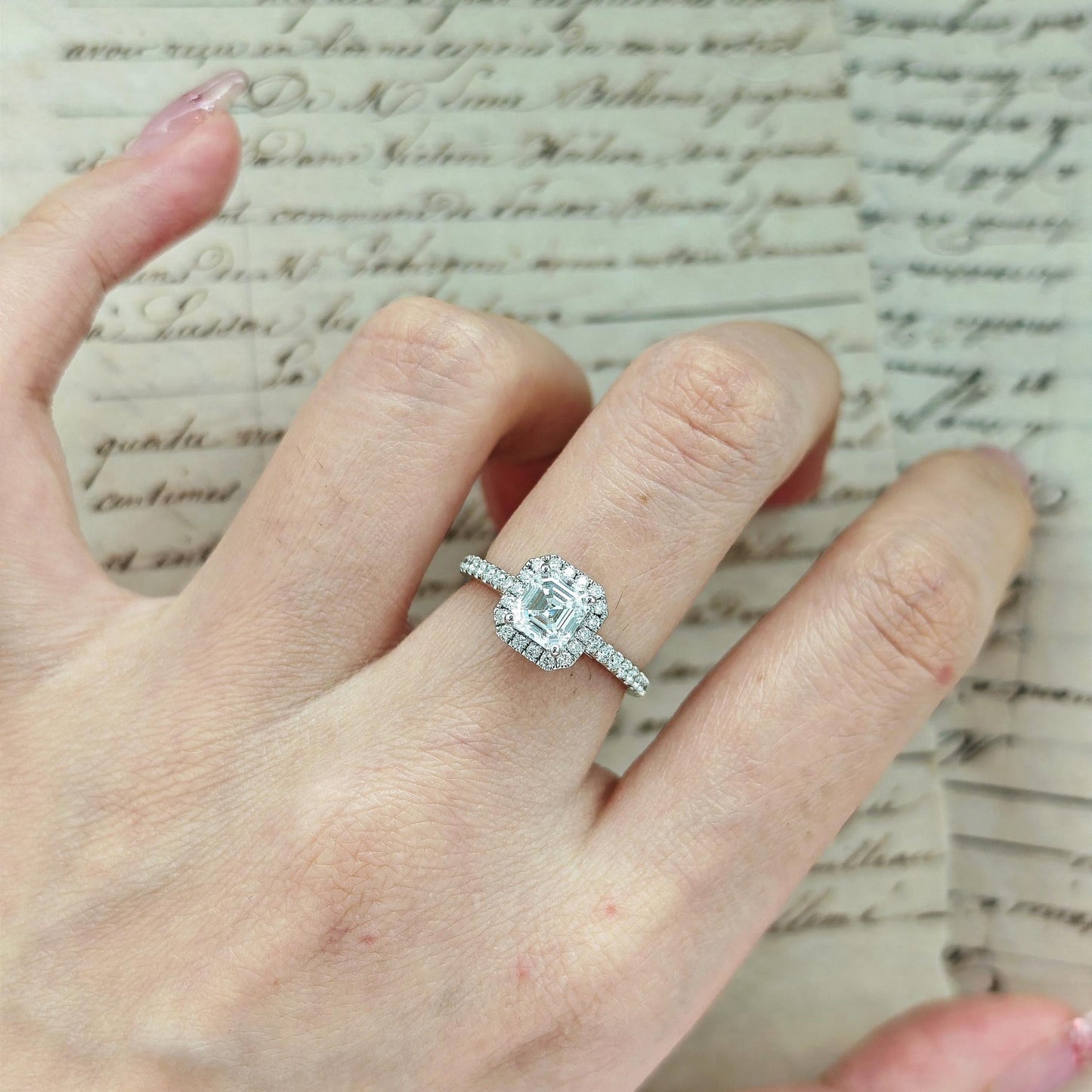 1.0 CT Asscher E/VS1 CVD Diamond Halo & Pave Setting Engagement Ring