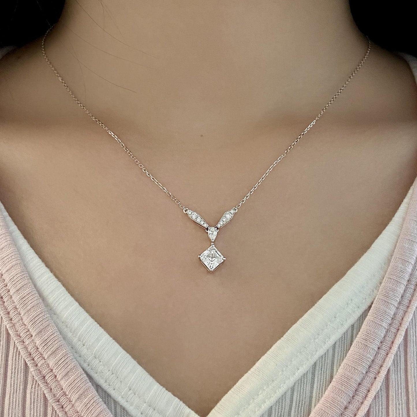 Cluster Necklace with 1.0 TCW Asscher Cut Moissanite