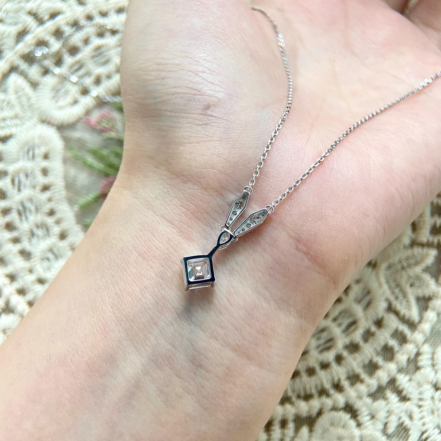 Cluster Necklace with 1.0 TCW Asscher Cut Moissanite
