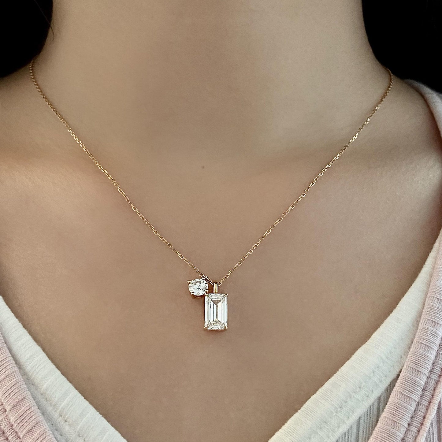 Two Stone Necklace with 2.0 TCW Emerald Cut Moissanite
