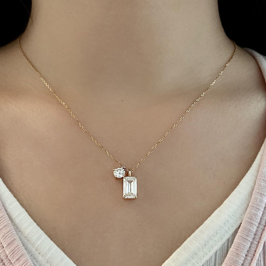 Two Stone Necklace with 2.0 TCW Emerald Cut Moissanite