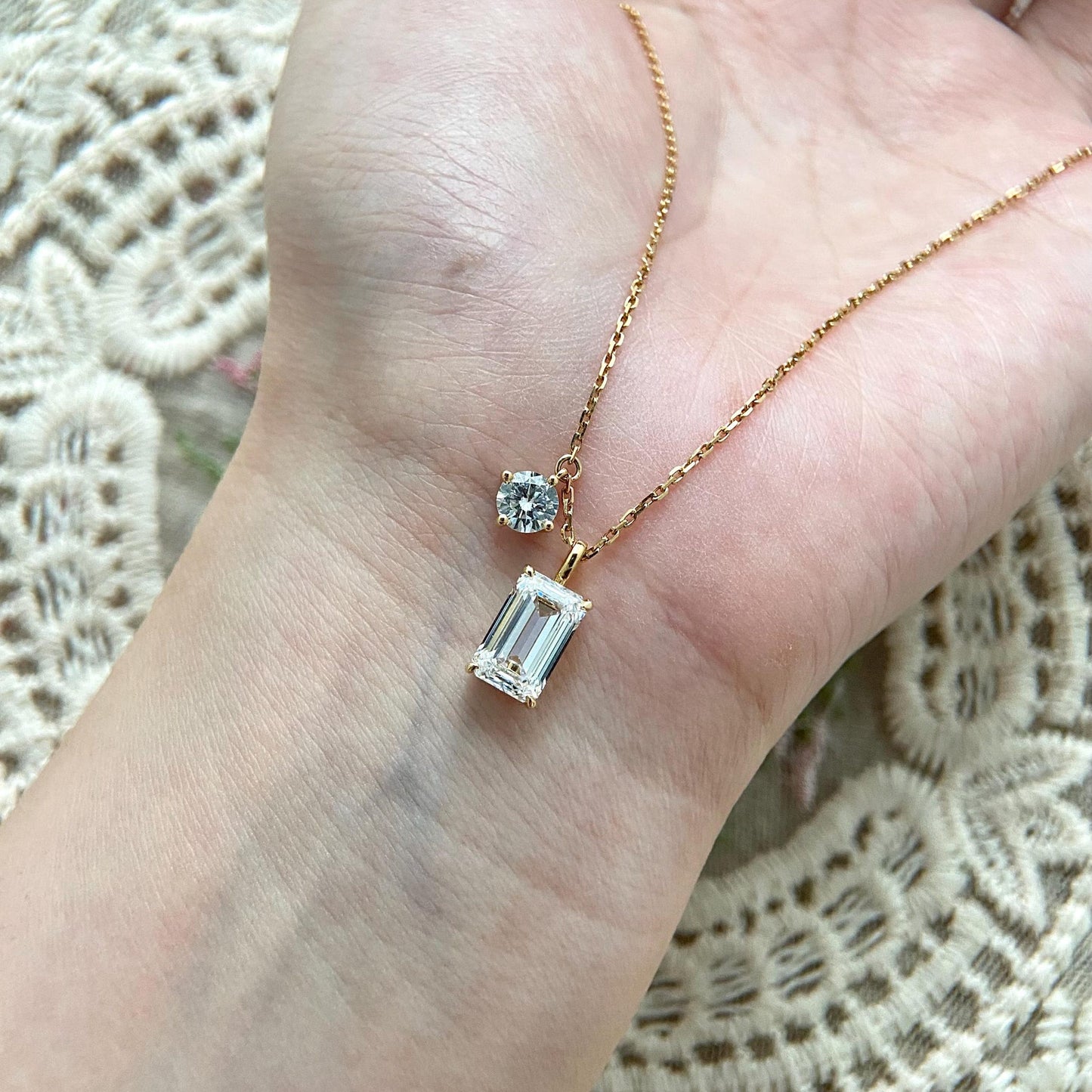 Two Stone Necklace with 2.0 TCW Emerald Cut Moissanite