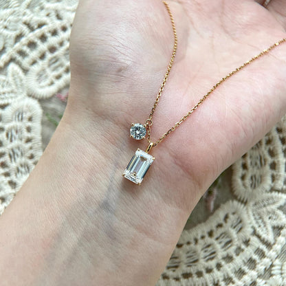 Two Stone Necklace with 2.0 TCW Emerald Cut Moissanite