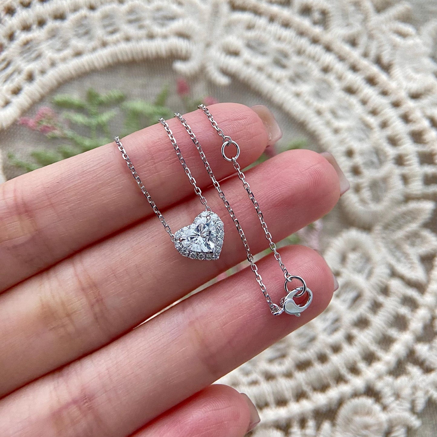 Halo Necklace with 0.5 TCW Heart Cut Moissanite