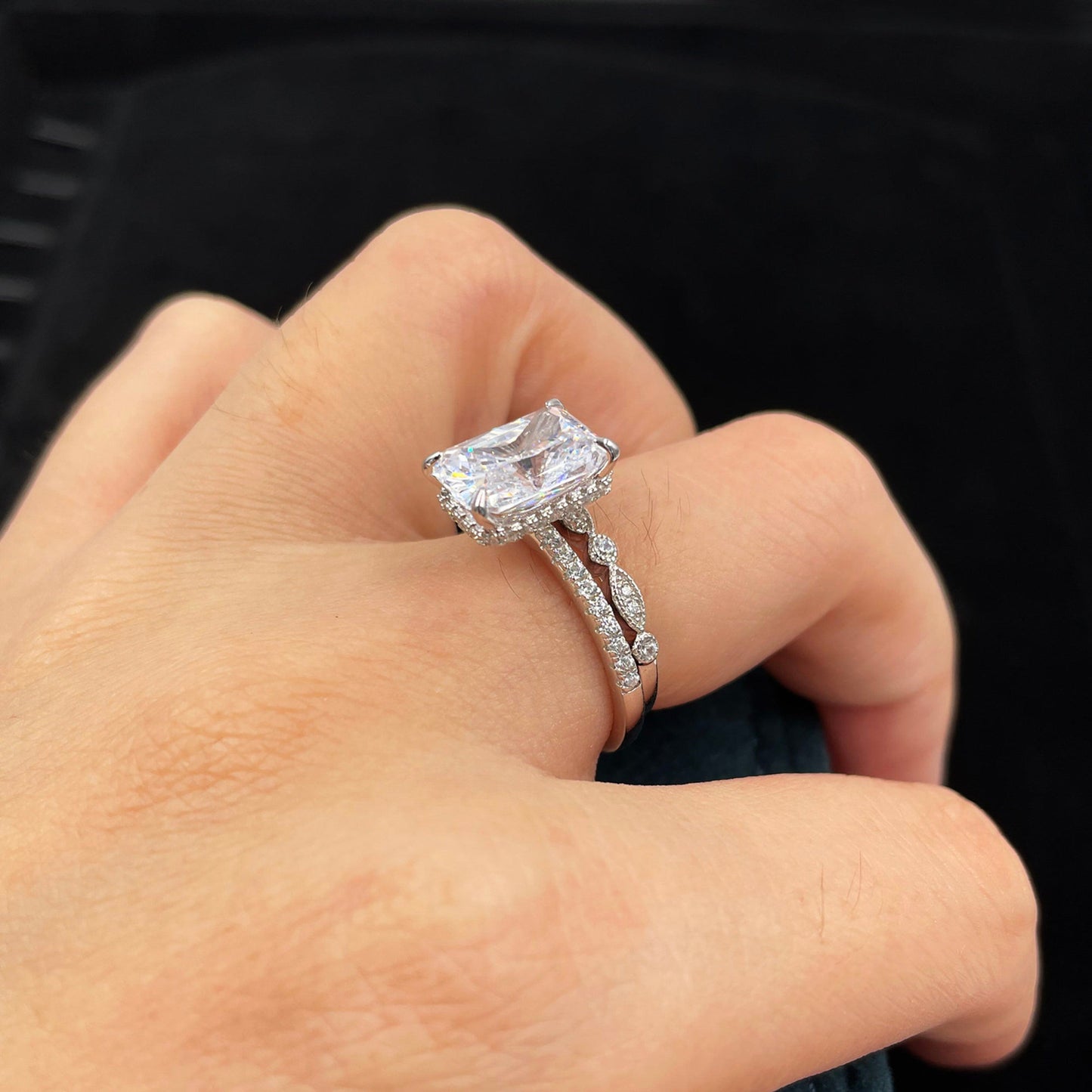 Hidden Halo Bridal Ring Set with 3.0 CT Radiant Cut Moissanite