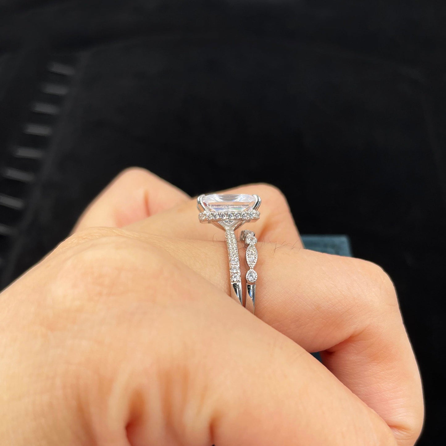 Hidden Halo Bridal Ring Set with 3.0 CT Radiant Cut Moissanite