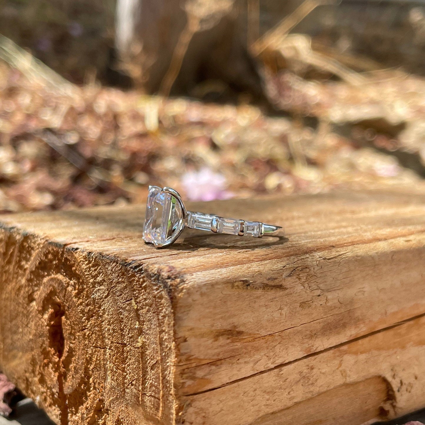Pave Setting Bridal Ring Set with 1.50 CT Emerald Cut Moissanite