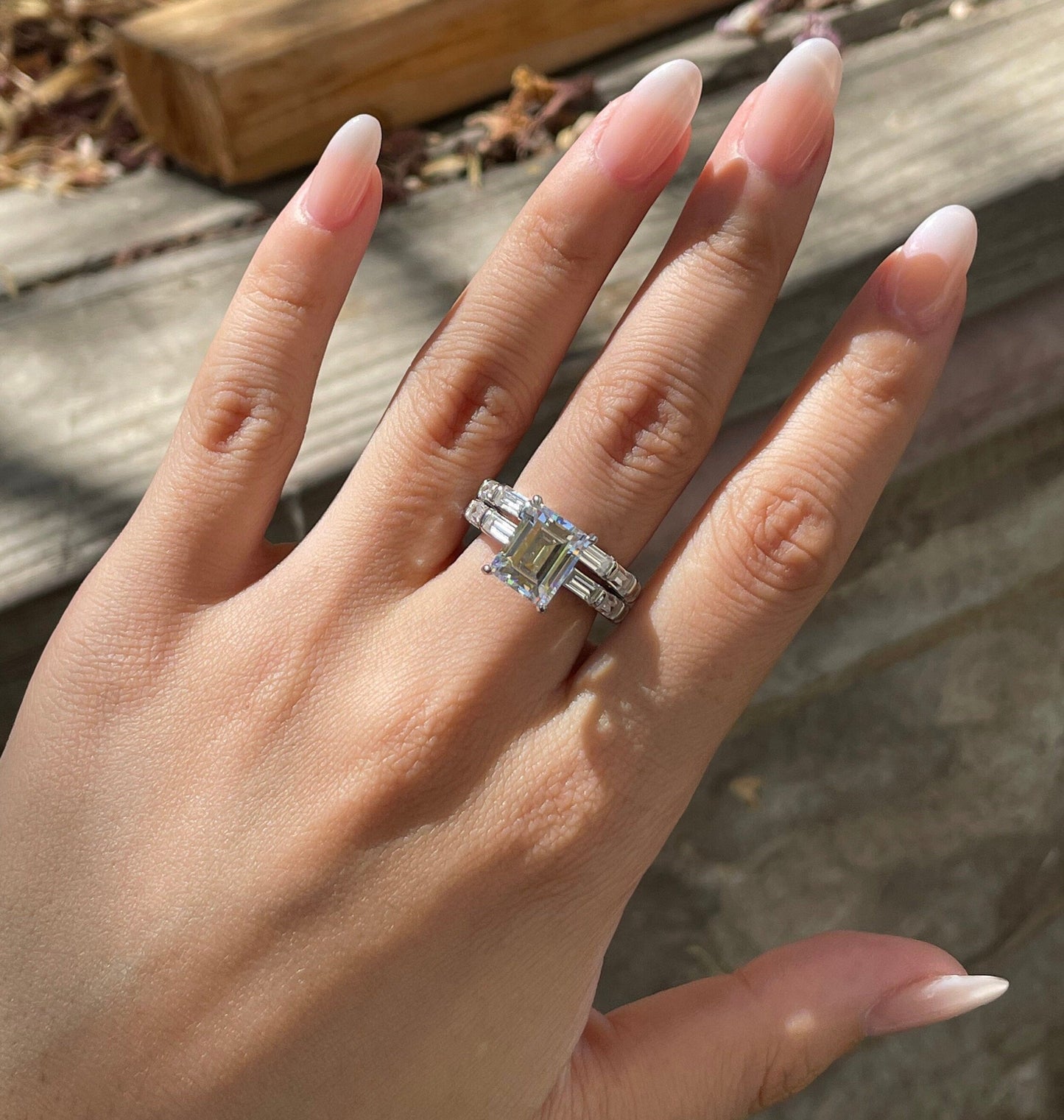 Pave Setting Bridal Ring Set with 1.50 CT Emerald Cut Moissanite