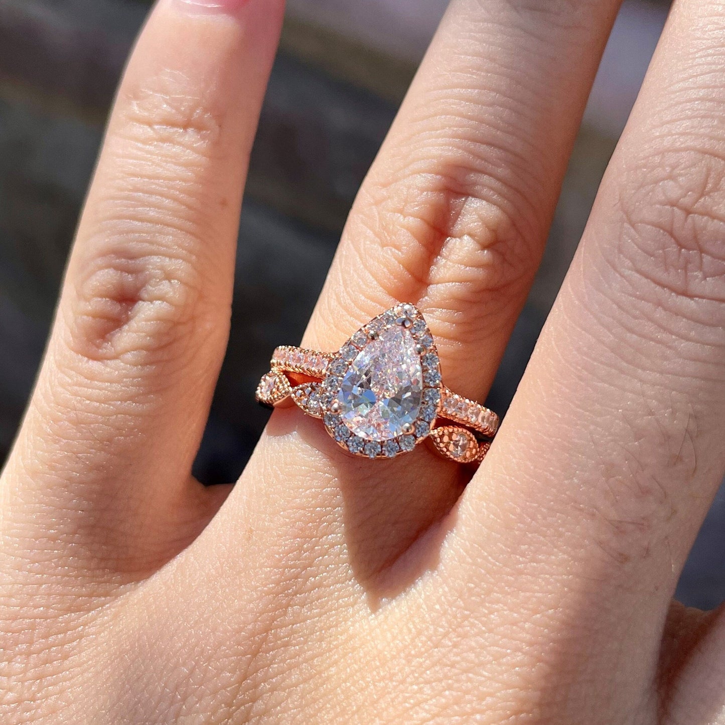 Pave Setting Bridal Ring Set with 1.0 CT Pear Cut Moissanite