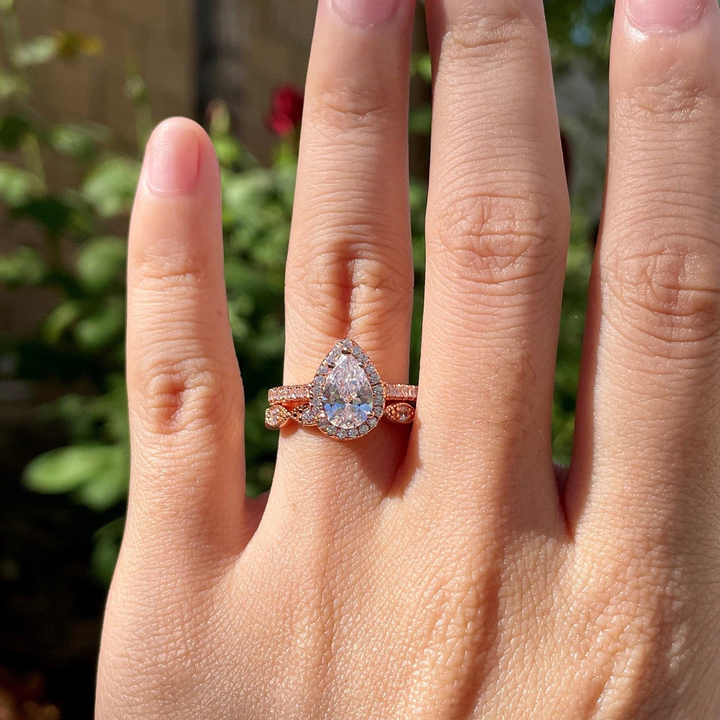 Pave Setting Bridal Ring Set with 1.0 CT Pear Cut Moissanite