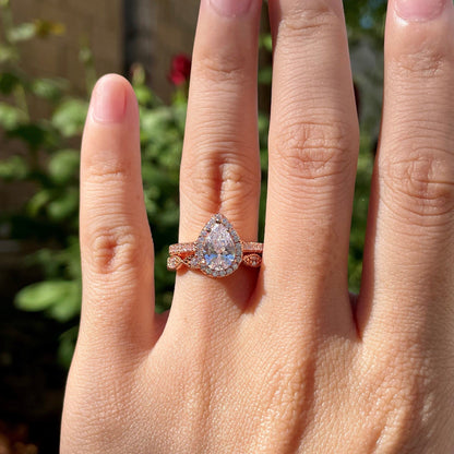 Pave Setting Bridal Ring Set with 1.0 CT Pear Cut Moissanite