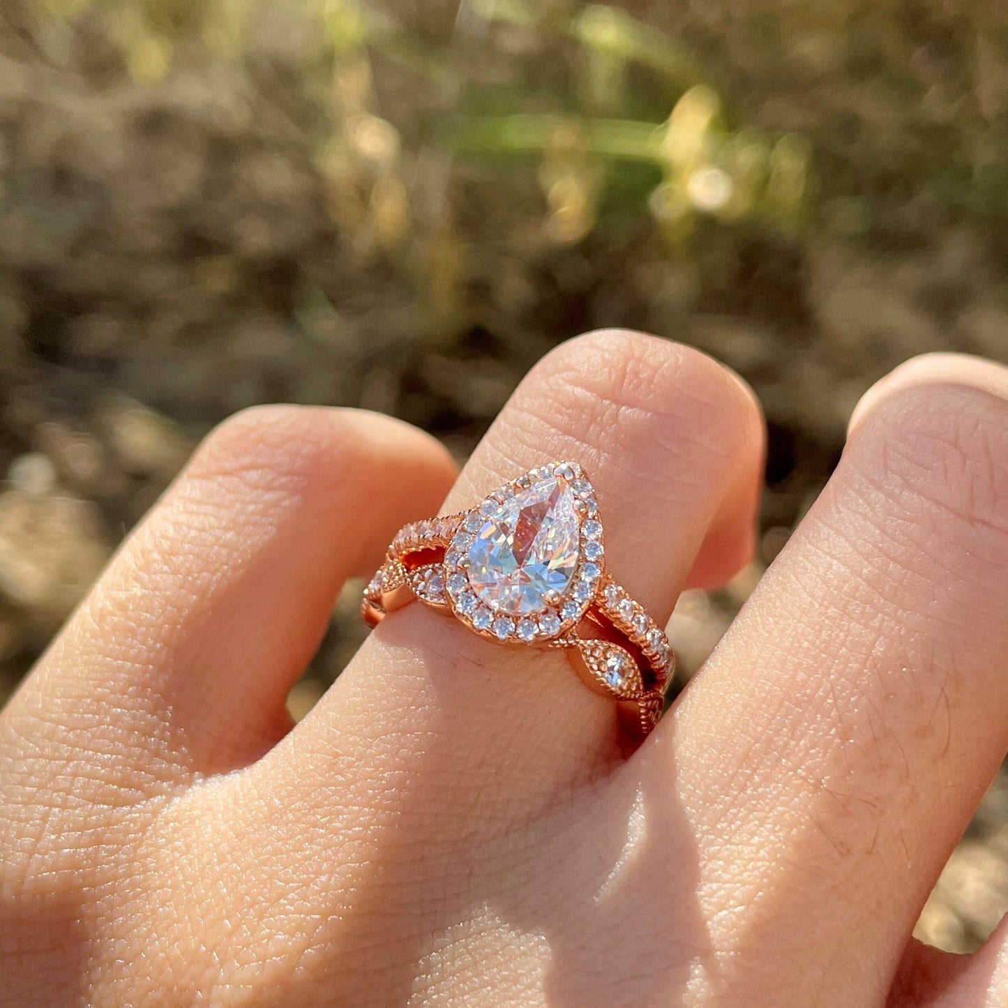 Pave Setting Bridal Ring Set with 1.0 CT Pear Cut Moissanite