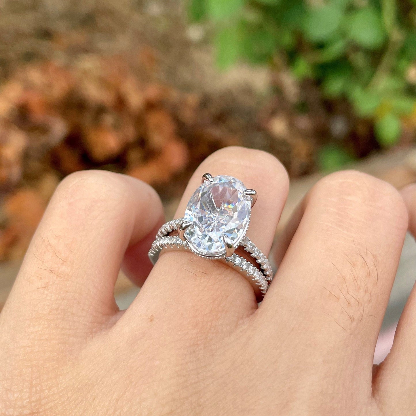 Pave Setting Bridal Ring Set with 2.0 CT Oval Cut Moissanite