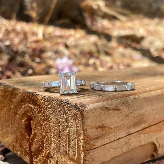 Pave Setting Bridal Ring Set with 1.50 CT Emerald Cut Moissanite