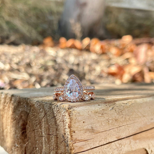 Pave Setting Bridal Ring Set with 1.0 CT Pear Cut Moissanite