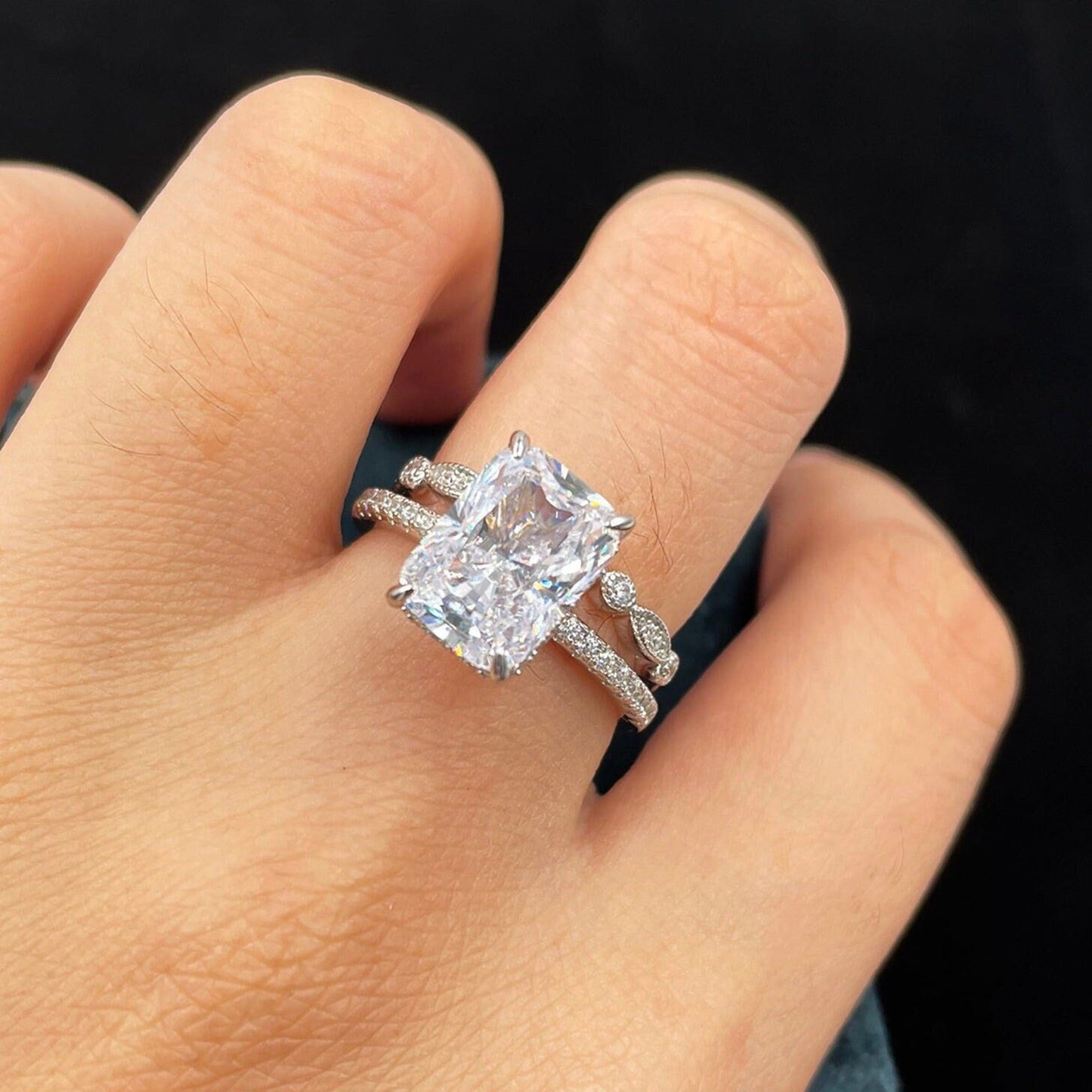 Hidden Halo Bridal Ring Set with 3.0 CT Radiant Cut Moissanite
