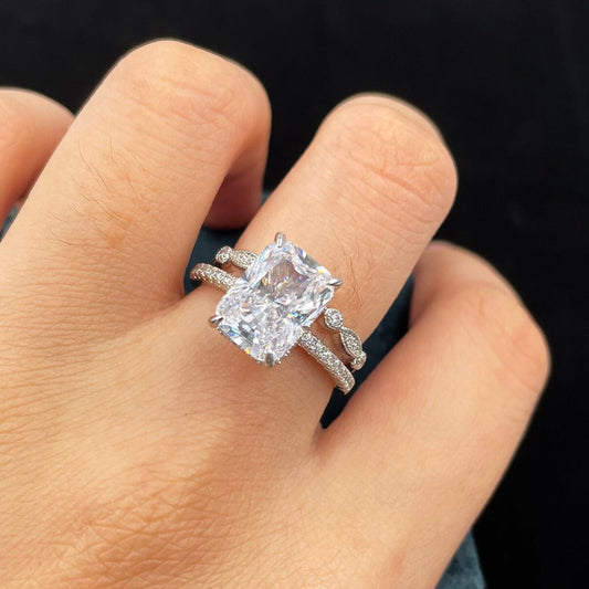 Hidden Halo Bridal Ring Set with 3.0 CT Radiant Cut Moissanite