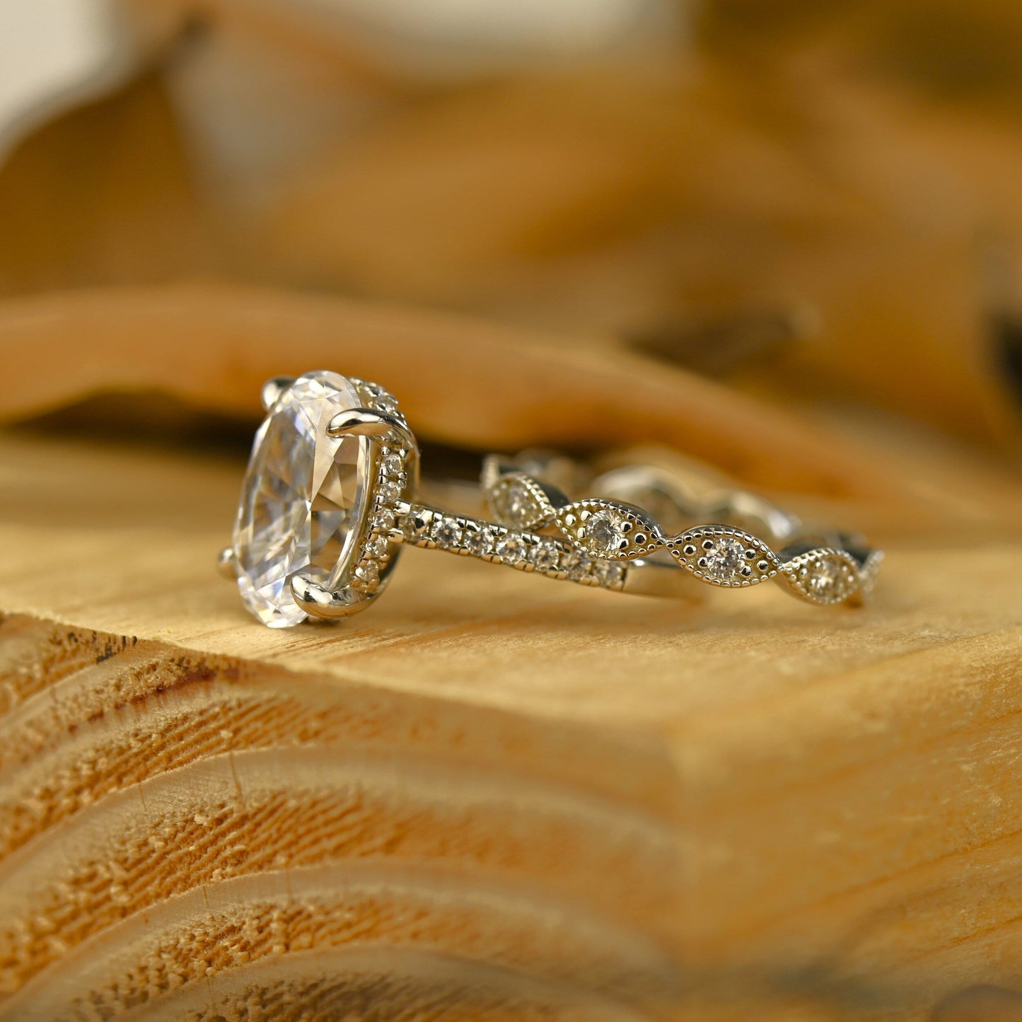 Pave Setting Bridal Ring Set with 2.0 CT Oval Cut Moissanite