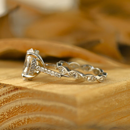 Pave Setting Bridal Ring Set with 2.0 CT Oval Cut Moissanite