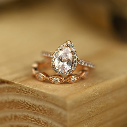 Halo Bridal Ring Set with 1.0 CT Pear Cut Moissanite