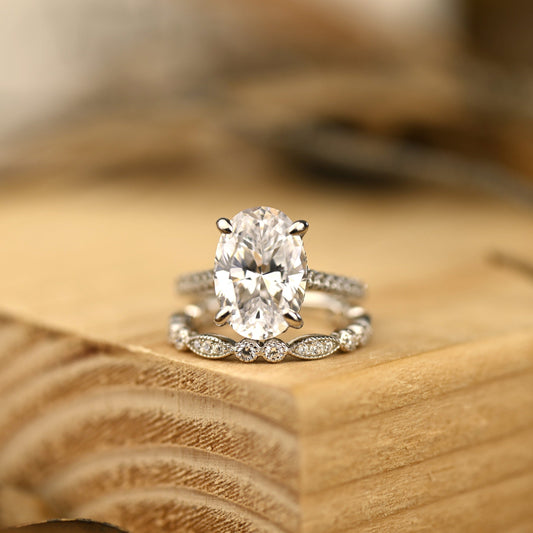Pave Setting Bridal Ring Set with 2.0 CT Oval Cut Moissanite