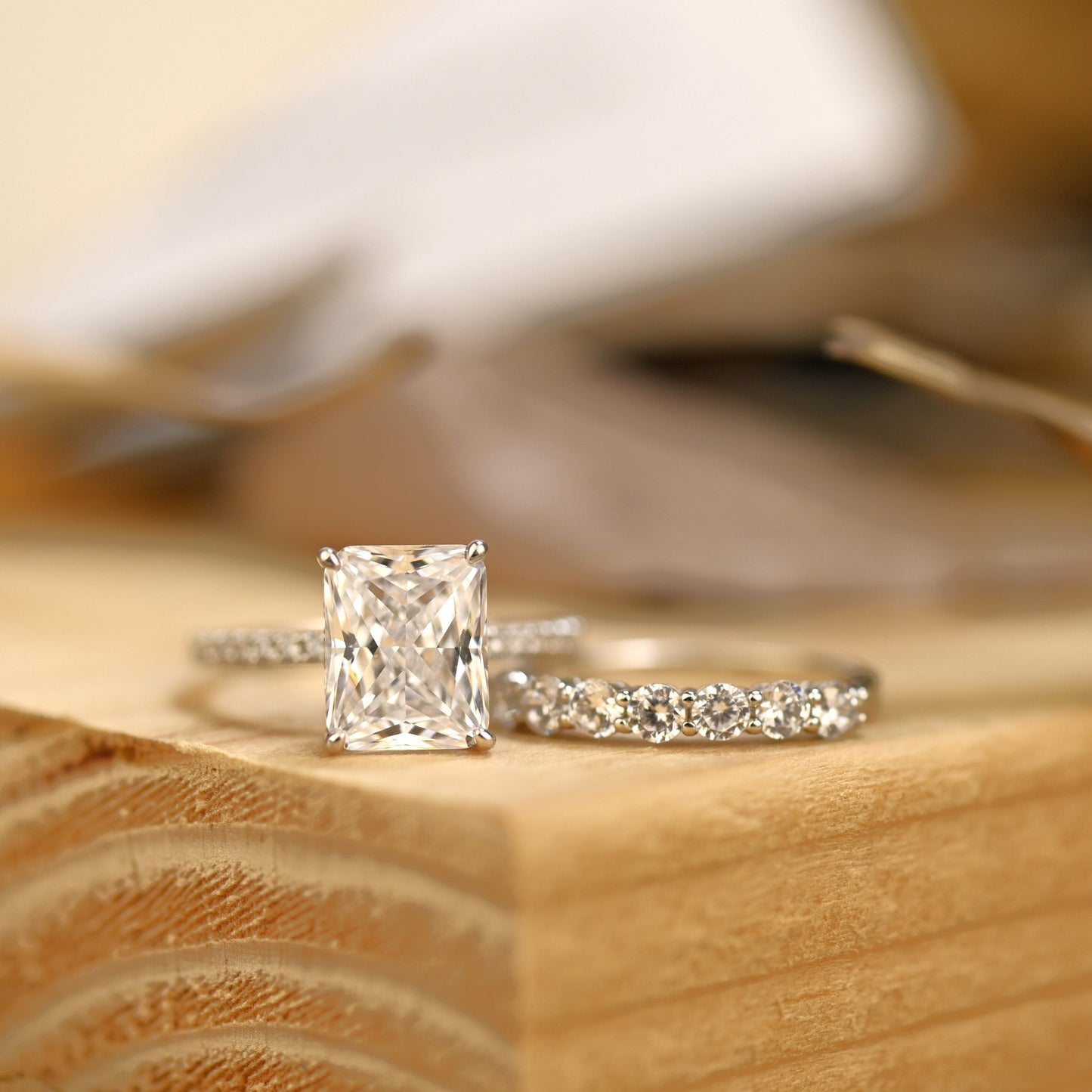 Pave Setting Bridal Ring Set with 2.0 CT Radiant Cut Moissanite
