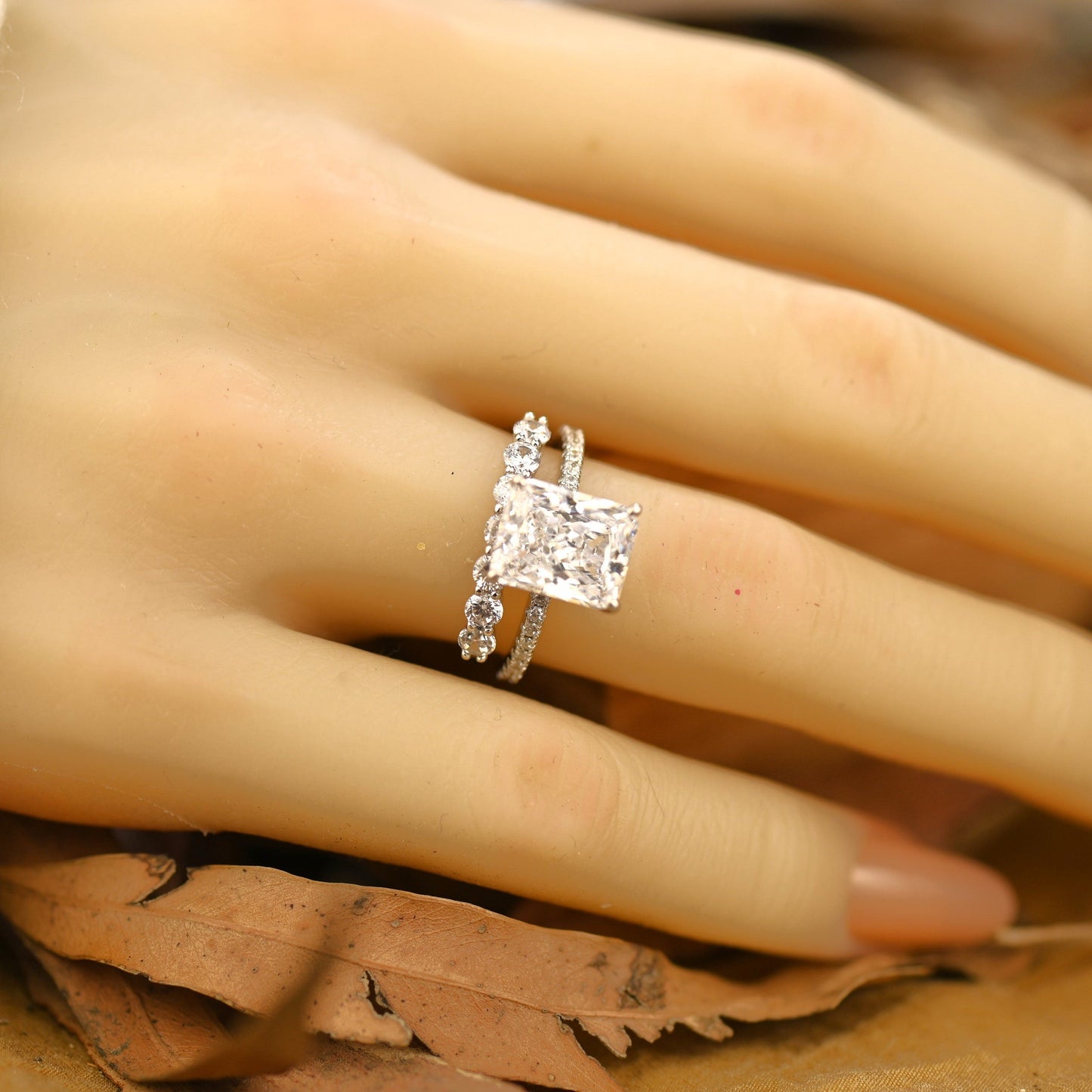 Pave Setting Bridal Ring Set with 2.0 CT Radiant Cut Moissanite