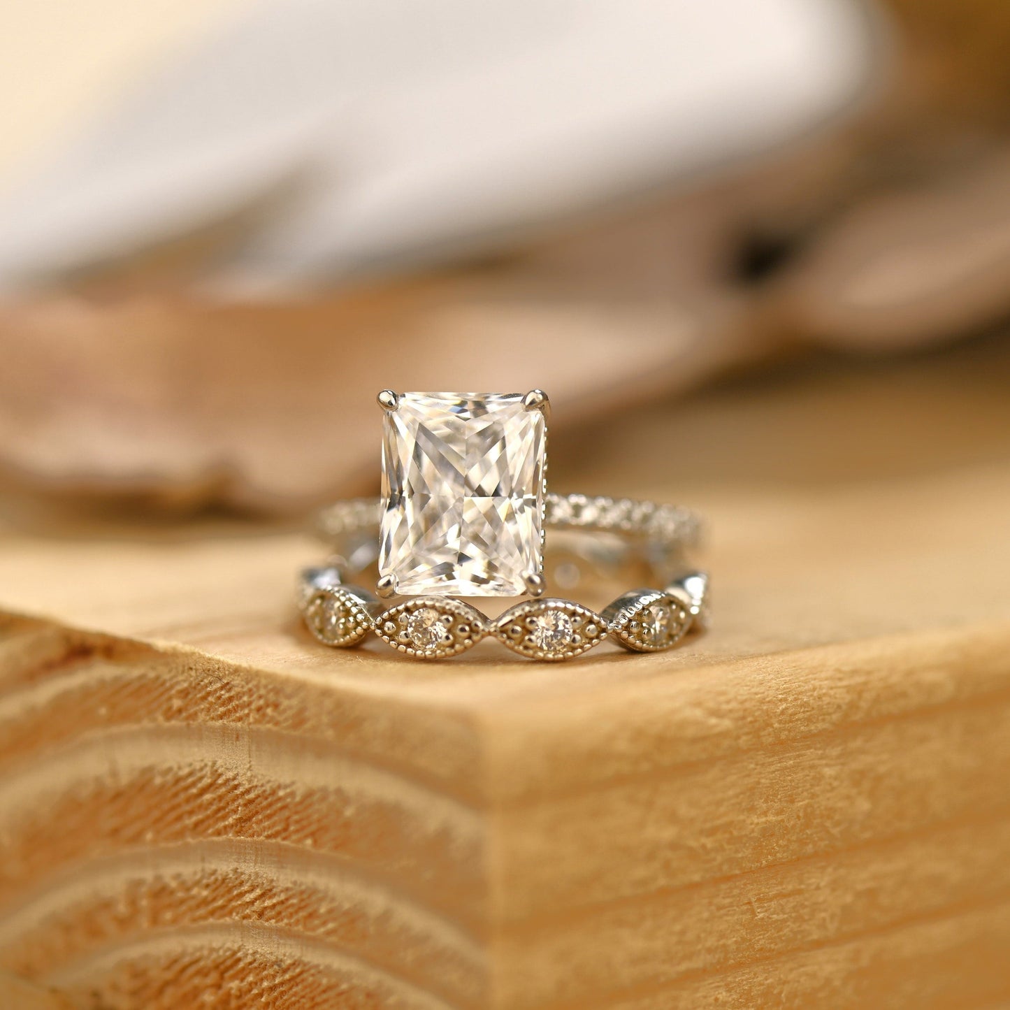 Pave Setting Bridal Ring Set with 2.0 CT Radiant Cut Moissanite