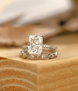 Pave Setting Bridal Ring Set with 2.0 CT Radiant Cut Moissanite