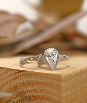 Halo Bridal Ring Set with 1.50 CT Pear Cut Moissanite