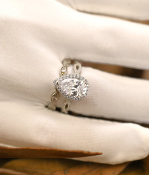 Halo Bridal Ring Set with 1.50 CT Pear Cut Moissanite