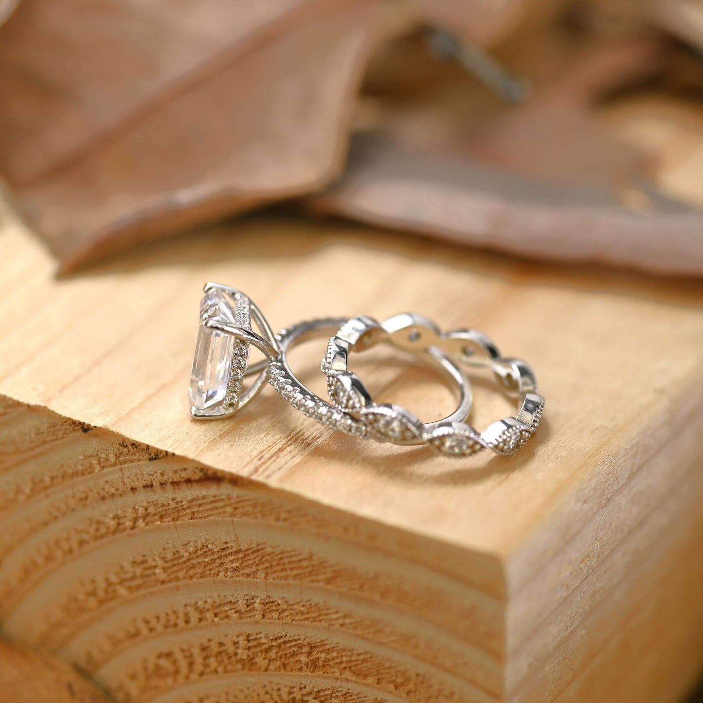 Pave Setting Bridal Ring Set with 1.50 CT Emerald Cut Moissanite
