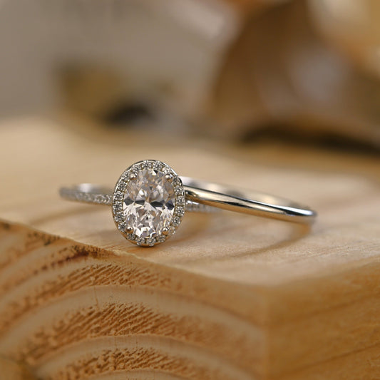 Halo Bridal Ring Set with 1.0 CT Oval Cut Moissanite