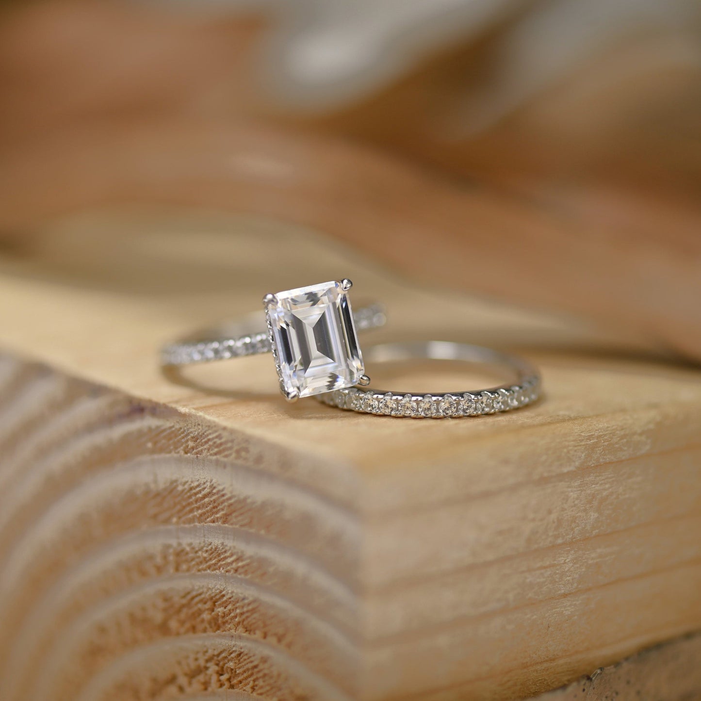 Pave Setting Bridal Ring Set with 1.50 CT Emerald Cut Moissanite