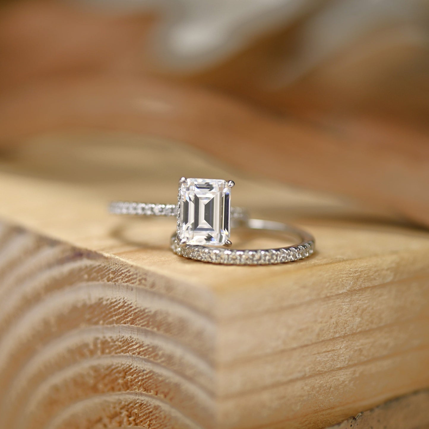 Pave Setting Bridal Ring Set with 1.50 CT Emerald Cut Moissanite