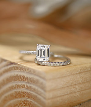 Pave Setting Bridal Ring Set with 1.50 CT Emerald Cut Moissanite