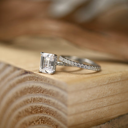 Pave Setting Bridal Ring Set with 1.50 CT Emerald Cut Moissanite