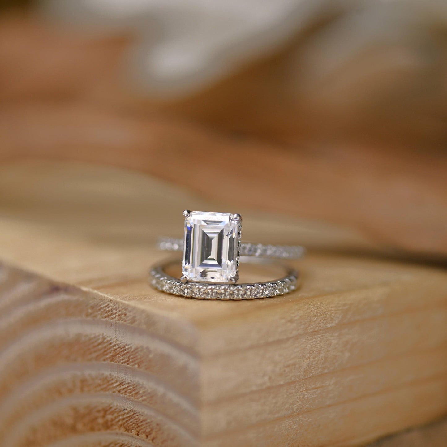 Pave Setting Bridal Ring Set with 1.50 CT Emerald Cut Moissanite