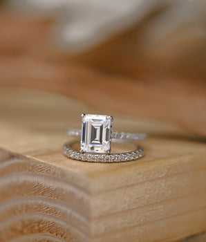 Pave Setting Bridal Ring Set with 1.50 CT Emerald Cut Moissanite