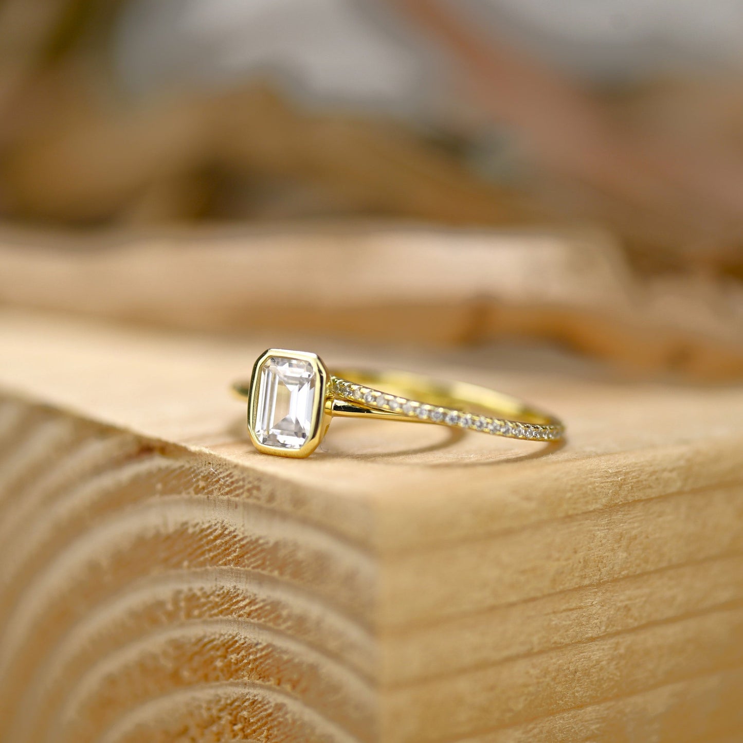 Bezel Bridal Ring Set with 1.0 CT Emerald Cut Moissanite