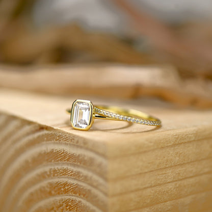 Bezel Bridal Ring Set with 1.0 CT Emerald Cut Moissanite