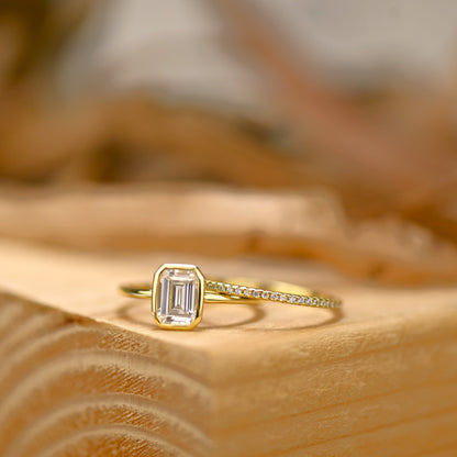 Bezel Bridal Ring Set with 1.0 CT Emerald Cut Moissanite