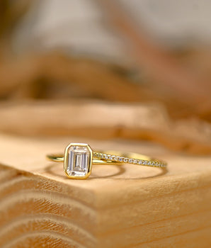 Bezel Bridal Ring Set with 1.0 CT Emerald Cut Moissanite
