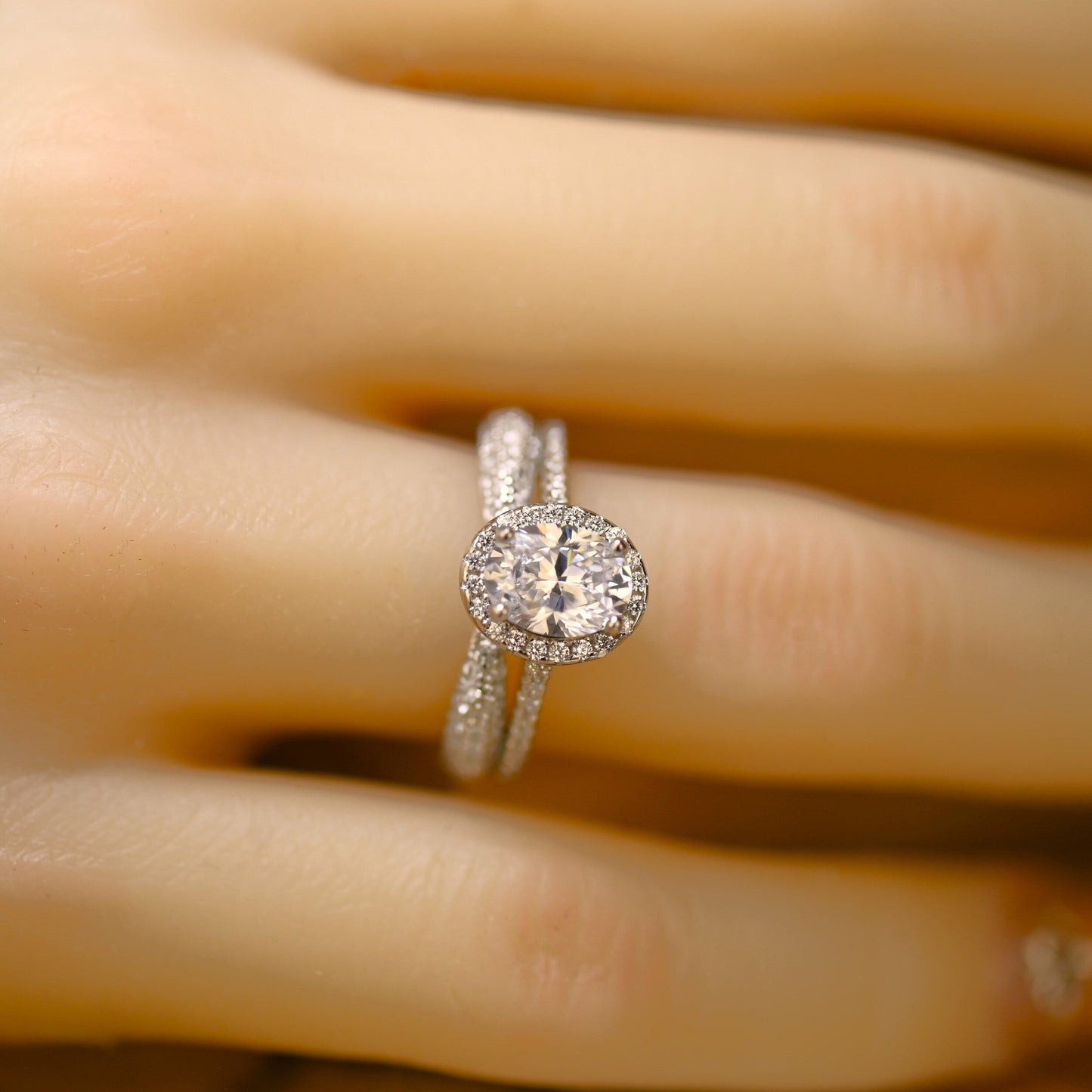 Halo Bridal Ring Set with 1.25 CT Oval Cut Moissanite
