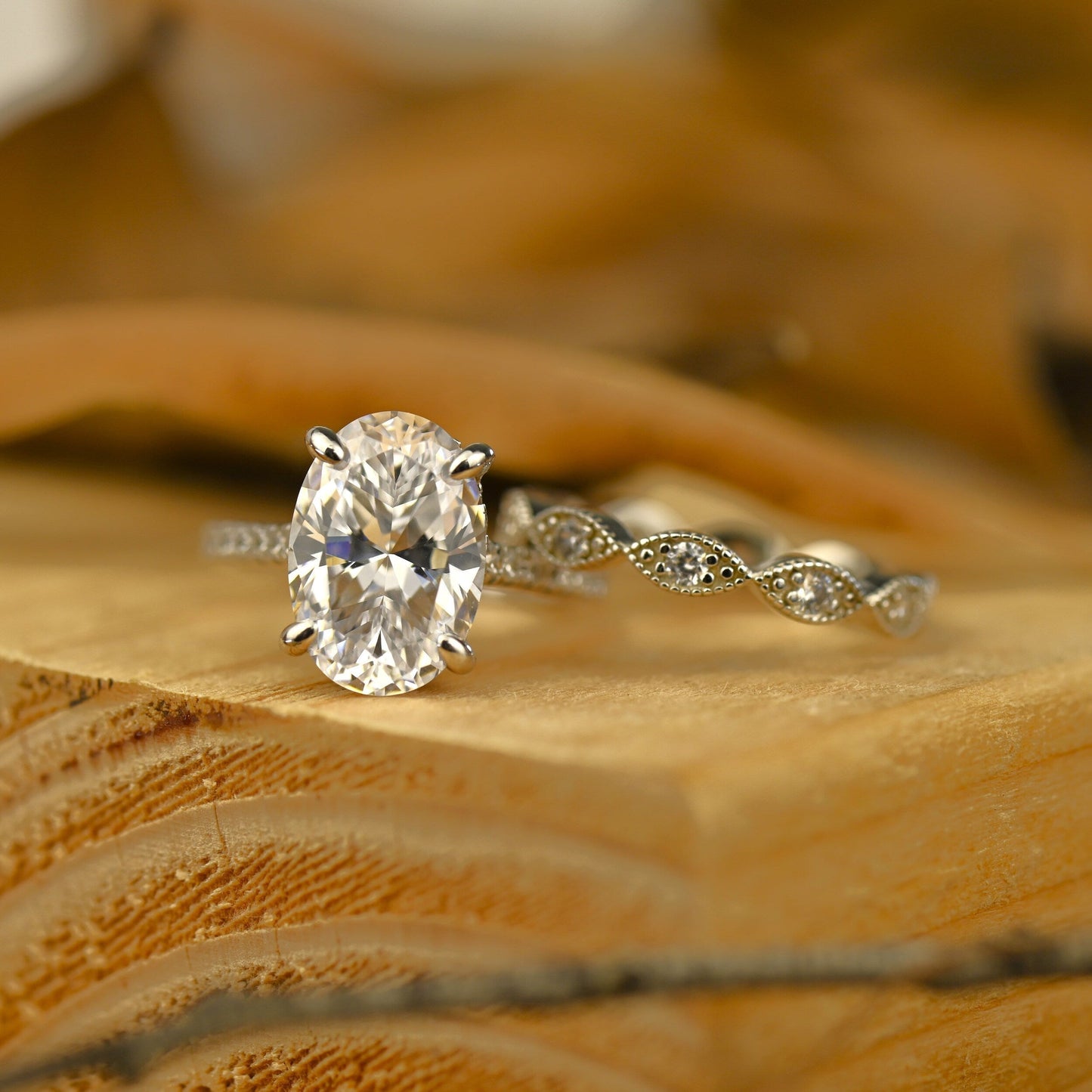 Pave Setting Bridal Ring Set with 2.0 CT Oval Cut Moissanite
