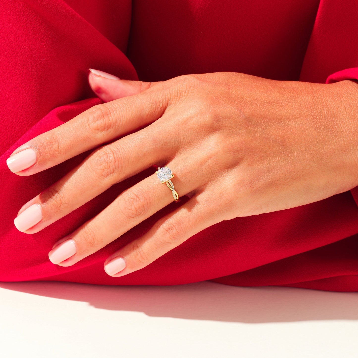 Cross Over Pave Ring with 2.0 CT Cushion Moissanite