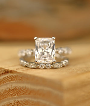 Pave Setting Bridal Ring Set with 1.50 CT Radiant Cut Moissanite