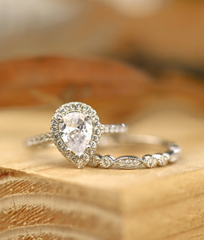 Halo Bridal Ring Set with 2.0 CT Pear Cut Moissanite