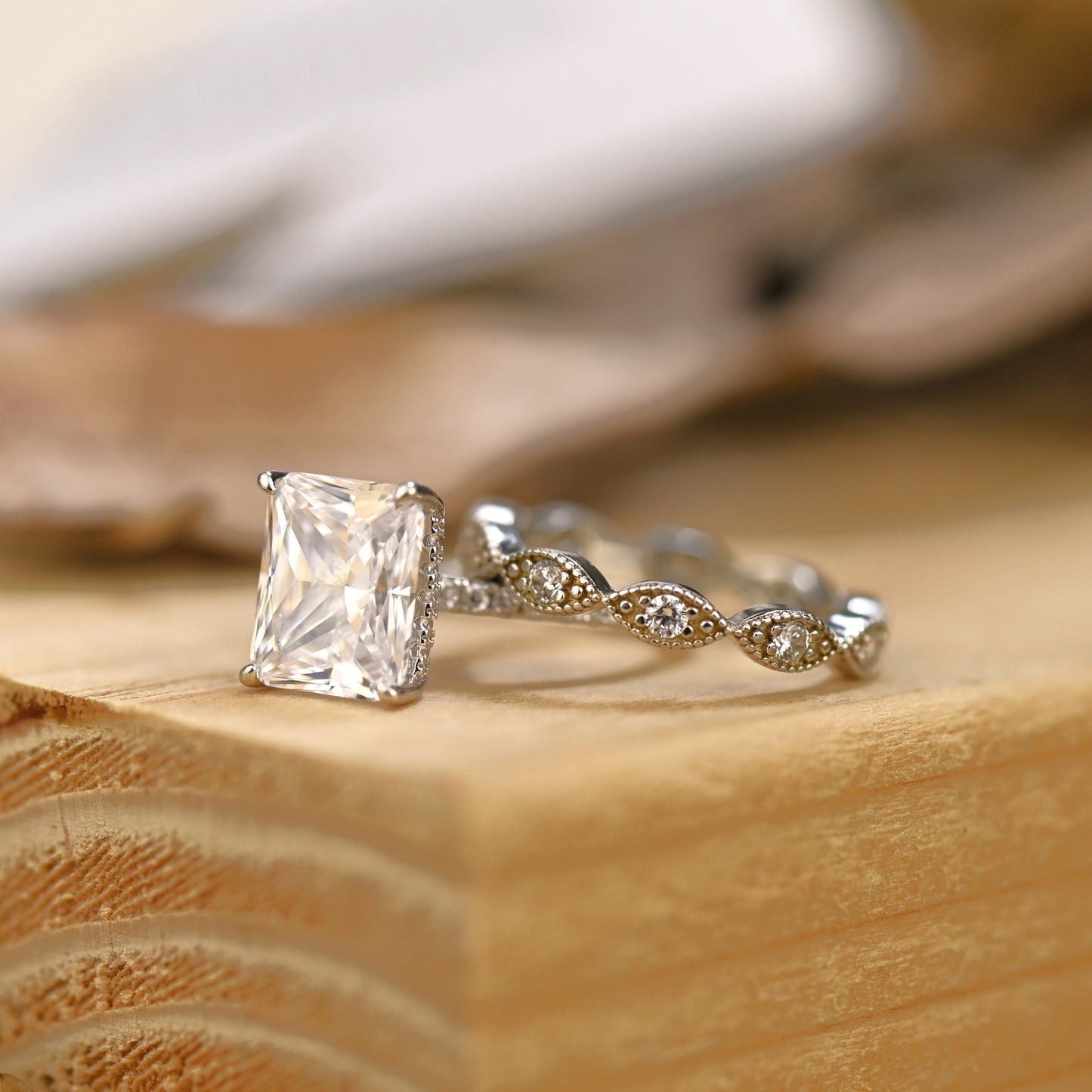 Pave Setting Bridal Ring Set with 2.0 CT Radiant Cut Moissanite